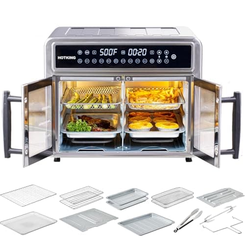 HotKing Dual-Zone Air Fryer Toaster Oven Combo, 28 QT Extra Large, Non Toxic Stainless Steel Convection Oven with French Door, Countertop Airfryer with Window, Racks, Rotisserie, Dehydrator, ETL Rated