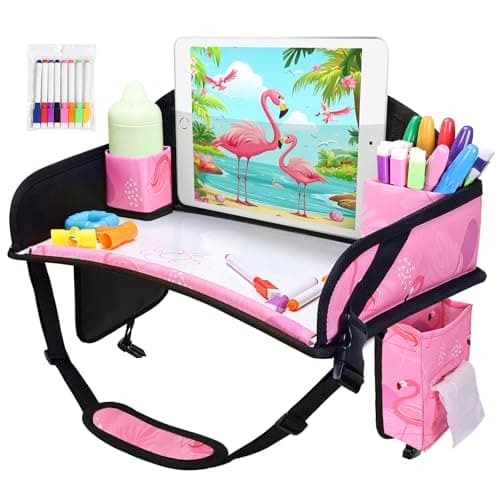 WENRENER Kids Travel Tray, Car Seat Tray for kids Travel, Toddler Road Trip Essentials With Drawing Kit, Toddler Lap Desk Organizer for Car, Carseat Table for Airplane