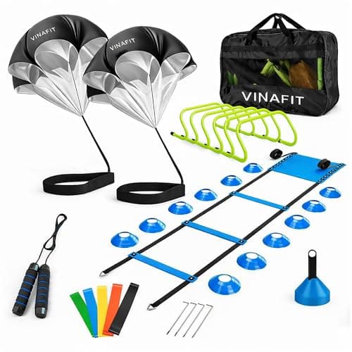 VINAFIT Complete Agility Ladder Training Set - 20ft Speed Ladder, 6 Adjustable Hurdles, 20 Cones, 5 Resistance Bands, 2 Speed Training Parachutes, Jump Rope, Nylon Carry Bag & Stakes