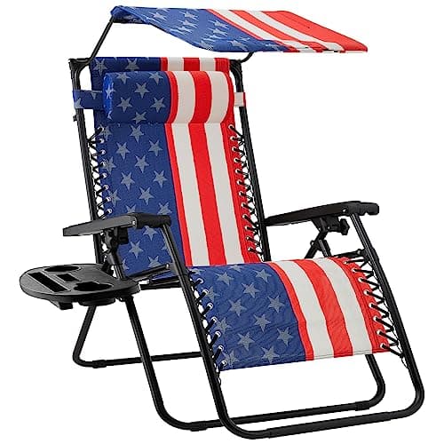 Best Choice Products Folding Zero Gravity Outdoor Recliner Patio Lounge Chair w/Adjustable Canopy Shade, Headrest, Side Accessory Tray, Textilene Mesh - American Flag — image 1