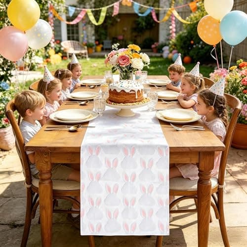 tiosggd Spring Table Runner 72 Inch, White and Pink Faux Fur Cute Bunny Rabbit Dresser Runners for Bedroom, Jacquard Mother's Day Birthday Holiday Party Decorations, Farmhouse Dining Table Decor — image 1