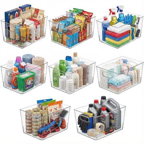 MOONEDGE 8 Pack Clear Plastic Storage Bins, 12 x 8 x 6in Stackable Pantry Organizer Cabinet Containers for Under-Sink Storage, Kitchen, Fridge, Bathroom and Home Organization