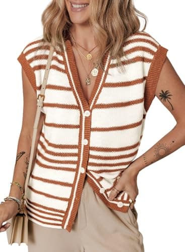 Dokotoo Sweater Vest Women Striped V Neck Button Vest for Women Vest Top Spring Cardigan Sweaters for Women 2025 — image 1