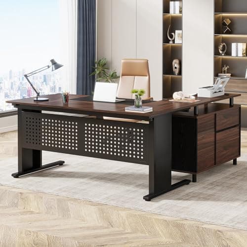 Tribesigns 63 Inch Executive Desk with File Cabinet, Large Office Desk L Shaped Computer Desk with Drawers and Storage Shelves, Business Furniture Desk for Home Office, Dark Walnut and Black — image 1
