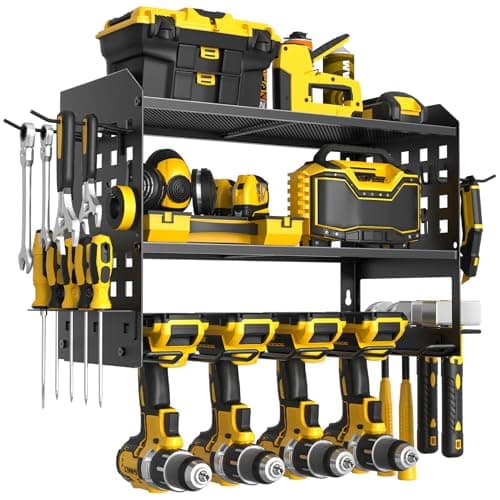 SPACECARE Power Tool Organizer, Drill Holder Wall Mount with 2 Side Pegboards with Hooks, 3 Layer Garage Organization Heavy Duty Tool Organizers Utility Rack for 4 Drill Holders Black