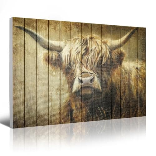 llribbons Handmade Highland Cow Wall Art, Rustic Farmhouse Canvas Painting Animal Wall Decor 3D Textured Fabric Tape Prints on Wood Plank Style for Living Room, Bedroom, Kitchen, Bathroom – 20" x 28" — image 1