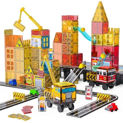 Magnetic Tiles for Kids Ages 4-8 Construction Toys with Crane Marble Run — image 1