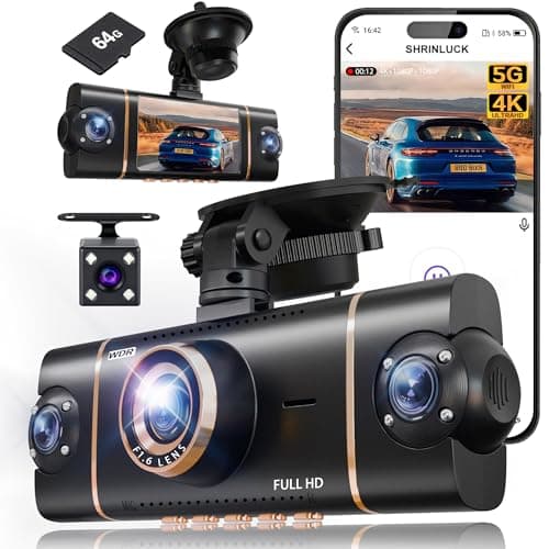 4 Channel 360° Dash Cam Front Rear Inside & Left Right,4K+1080P*3 FHD Car Camera,5GHz WiFi & App Control,8 IR Lamps Night Vision,24H Parking Mode,G-Sensor,Loop Recording,Includes 64GB SD Card(Black)