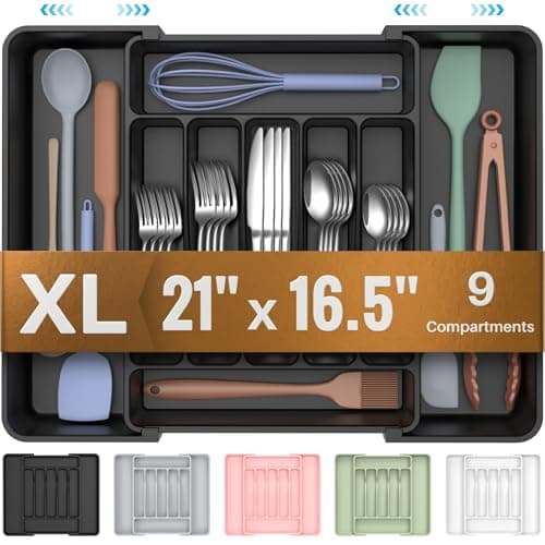 ukeetap Extra Large Expandable Silverware Organizer, BPA-Free Food-Safe Cutlery Flatware Organizer, Kitchen Utensil Drawer Organizer, Adjustable Silverware Holder for Spoons Forks Knives, Black — image 1
