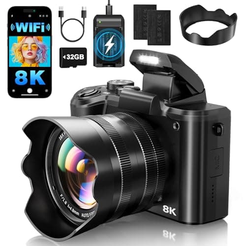XNSIAKXA 8K Digital Cameras for Photography Autofocus 88MP WiFi Professional 16X Digital Zoom Photography Camera with Dual-Lens for YouTube with Lens Hood, Touch Screen, 2 Batteries & Charging Stand