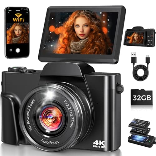 4K Digital Camera for Photography with WiFi,64MP Autofocus 3'' 180° Flip Screen 16X Zoom Vlogging Camera for YouTube, Compact Travel Camera for Beginners, Anti-Shake, 32GB Card, 2 Batteries, Black