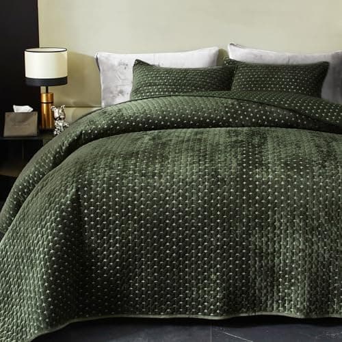 Powdion Velvet Quilt Queen Size, Oversized Bedspread Quilted Bedding Set, Luxurious Soft Coverlet Set Lightweight Velvet Comforter for All Season with Pillow Shams 90x96 Army Green Striped Queen — image 1