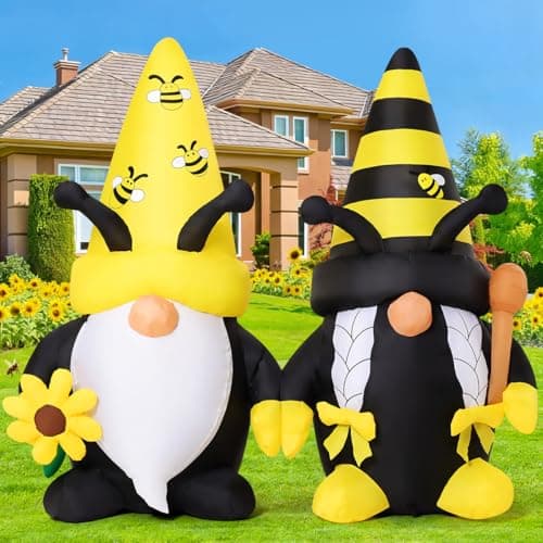 GOOSH 6 FT Long Spring Inflatables Gnomes Decorations Blow Up Yard with Bees and Sunflower Built-in LEDs for Garden Lawn Indoor Party Decor — image 1