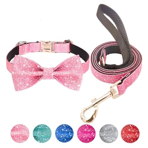 Jumpress Bling Bow Tie Dog Collar and Leash Set, Cute Pink Girl Dog Collar with 5ft Leash for Small Medium Dogs Daily Walking or Holiday Party (Neck fit 13-19’’) — image 1