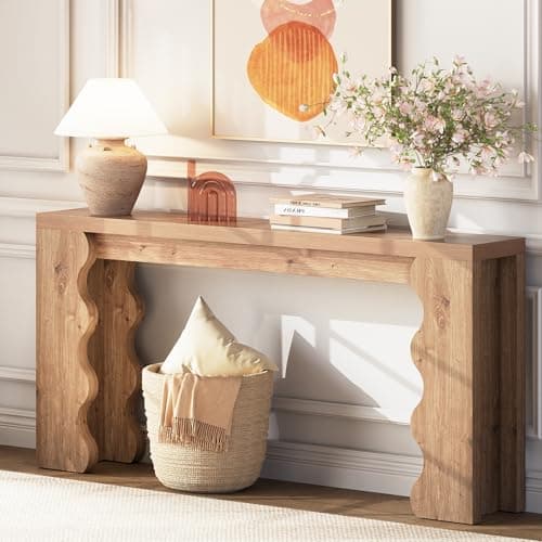 karlott 70.9" Farmhouse Entryway Table, Extra Long Console Table with Thickened Base, Wood Grain Wavy Sofa Table Behind Couch Table, Narrow Entryway Accent Table for Living Room, Hallway