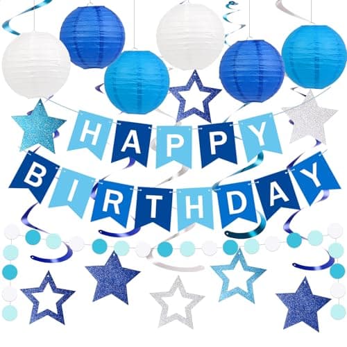 Happy Birthday Decorations, Blue Birthday Party Decorations Set with Happy Birthday Banner, Paper Lanterns, Star Swirl Hanging Decorations & Circle Dots Garland — image 1