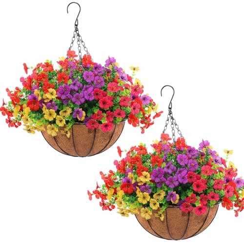 Hananona 2 Set Artificial Outdoor Flowers with Hanging Basket, 2 Hanging Planters with 24 Pcs Flowers for Spring Summer Front Porch Garden Patio Home Decor (2, Red, Purple, Yellow, Rose Red) — image 1
