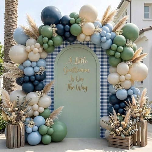 Double Stuffed Navy Blue & Sage Green Balloon Garland Arch Kit, Multi-size Matte Dusty Blue Sand Latex Balloons for Baby Shower,Gentleman Theme Party,Birthday,Bridal Wedding,Graduation — image 1