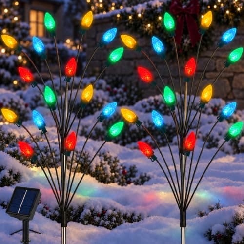 C7 Solar Christmas Decorations Outdoor, Vintage Solar Pathway Stake Lights | Set of 8 Upgraded Base on Solar Firefly Swaying Lights, 8 Lights Modes Waterproof Landscape Xmas Decor for Garden, Yard, Lawn — image 1