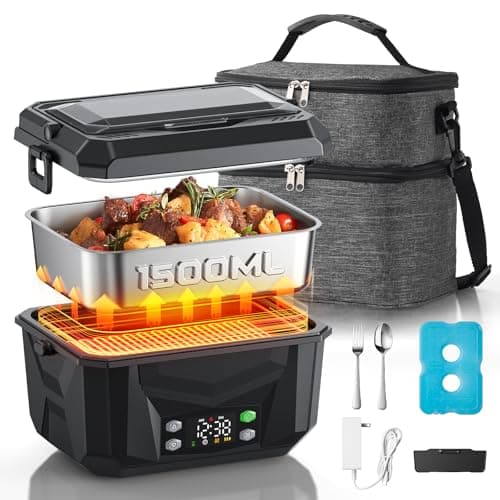 Lavsonic 100W Heated Lunch Box for Adults, 6.3 Cups Food Grade Stainless, Automatic Scheduled Heating, Portable Food Warmer for Truckers, Construction, Work with Insulated Bag, Black — image 1