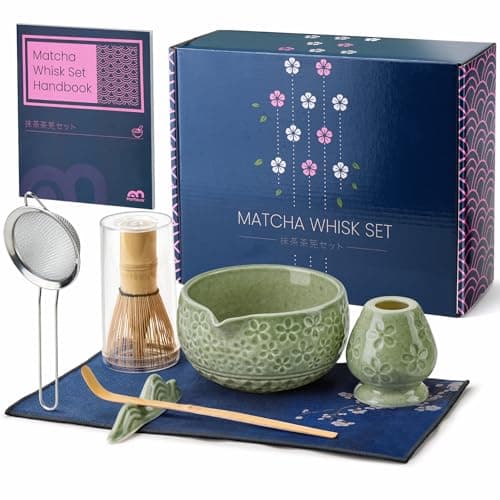 7Pcs Matcha Whisk Set, Matcha Set Whisk and Bowl,Bamboo Scoop, Scoop Rest, Sifter and Tea Towel, Matcha Kit W/Carved Cherry Blossm Pattern for Matcha Lovers (Sakura Green) — image 1