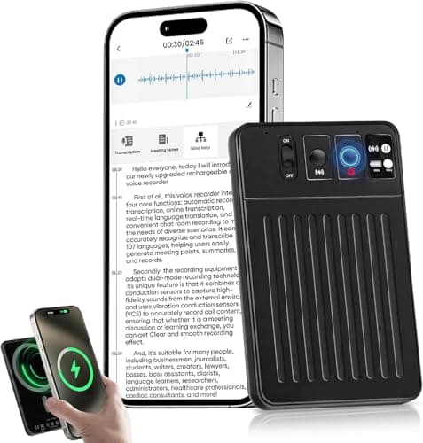 AI Voice Recorder, Unlimited Transcription & Summarization, Magnetic Protective Case, App Control, 107 Languages Support, Ideal for Meetings, Lectures, Calls and Interviews (Standard)