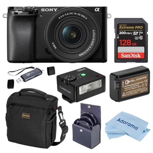 Sony Alpha a6100 Mirrorless Camera with 16-50mm f/3.5-5.6 Lens, Bundle with iM30 Mini Flash, 128GB SDXC Memory Card and NP-FW50 Battery
