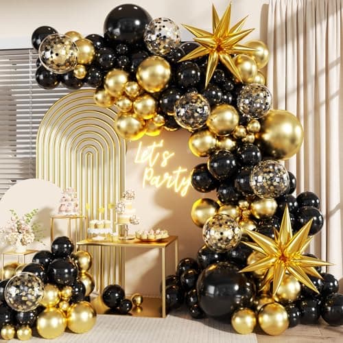 Black and Gold Balloon Garland Arch Kit, 140Pcs Black Gold Confetti Balloons with Stars for Birthday Graduation New Year Retirement Anniversary Wedding Engagement Party Decorations