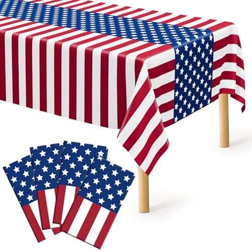 4 Pcs 4th of July Decorations, 108" X 54" Plastic 250th Anniversary 4th of July Tablecloths, Rectangle Red White Blue Tablecloth American Tablecover, Patriotic Table Cover Memorial Day Party Supplies