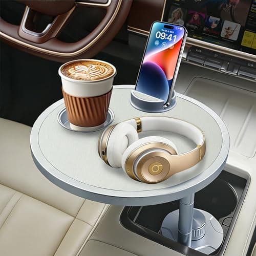 Car Food Tray & Car Table Tray with Car-Grade Aluminum Cup Holder & Phone Stand, Premium Wood with Leather Surface, 360° Rotating Car Desk for Laptop &Eating (Round, White) — image 1