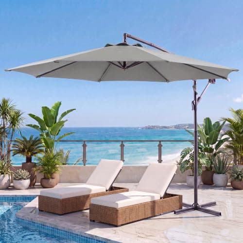 10ft Offset Patio Umbrella, Cantilever Hanging Market Umbrella with 8 Sturdy Ribs, Easy Tilt & Crank, Outdoor Sun Shade for Patio, Backyard, Garden, Poolside, Deck, Grey — image 1
