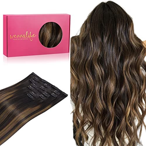 WENNALIFE Human Hair Extensions, 22 Inch 120g 7pcs Natural Black to Chestnut Brown Balayage Clip in Remy Hair Extensions, Double Weft Real Human Hair — image 1