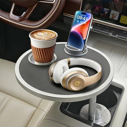 Car Food Tray & Car Table Tray with Car-Grade Aluminum Cup Holder & Phone Stand, Premium Wood with Leather Surface, 360° Rotating Car Desk for Laptop &Eating (Round, Black) — image 1