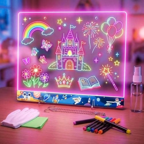 16" LumiBoard LED Drawing Board for Kids - 7 Colors & 10 Modes Rechargeable Acrylic LED Note Board with 7 Markers Cleaning Kit, Sketching & Birthday Gifts for Kids/Girls/Teens(Space)