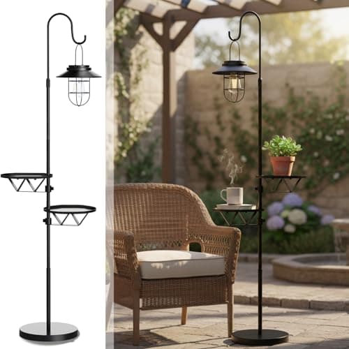 Kirschblüte Solar Floor Lamp with Table, 60" Outdoor Shepherd Hook with Solar Lantern, Waterproof Metal Side Table for Patio, Heavy Duty Solar Pole Light for Garden, Deck, Porch and Backyard Decor — image 1