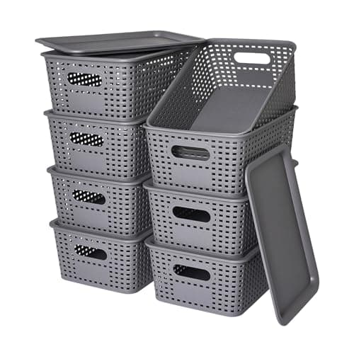 Plastic Storage Baskets with Lid-Plastic Storage Containers Stackable Storage bins: Storage Baskets for Organizing Shelves Drawers Desktop Closet Playroom Classroom Office,8 Pack-Gray10.2x7.2x4.1Inch — image 1