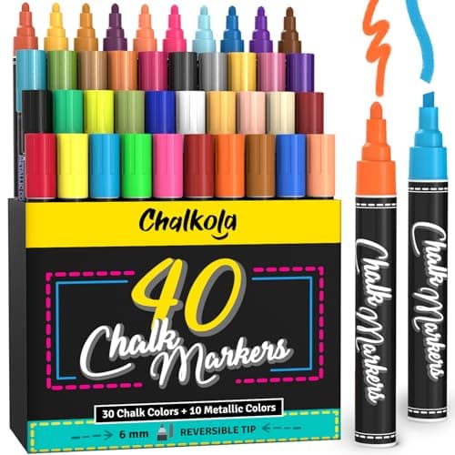 Chalkola Chalk Markers - Pack of 40 (Neon, Pastel & Metallic) Liquid Chalk Pens - For Chalkboard, Blackboard, Window, Labels, Bistro, Glass, Car, Board - Wet Wipe Erasable Ink - 6mm Reversible Tip