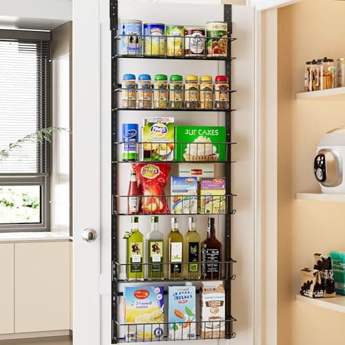 Delamu Adjustable Cabinet Door Organizer, 6 Tier Hanging Spice Rack | Metal Over the Door Pantry Organizer, Pantry Organizers and Storage Shelves for Kitchen Bathroom Laundry Room, Black — image 1