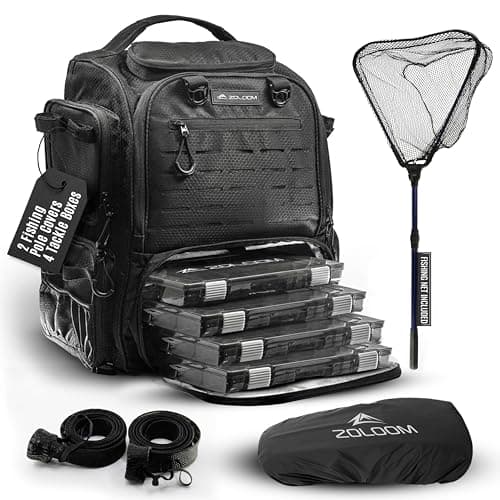 Zaloom Waterproof Fishing Backpack with Tackle Boxes, Rod Holder & Foldable Net - 40L Fishing Tackle Bag with Trays Included, Extra Storage Gear and Equipment, Rain Cover, Fisherman Gift for Men