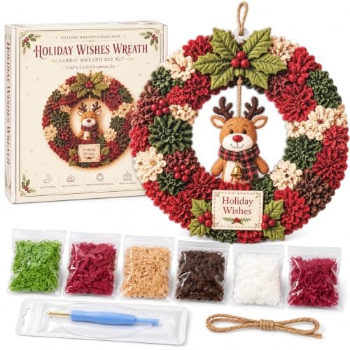 Christmas Wreath Kit 3D Fabric Poke Art, DIY Wreath Making Craft, Reindeer with Holiday Wishes Sign, Holiday Door and Wall Decor — image 1