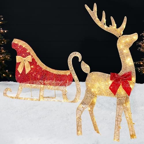 Best Choice Products 4ft Lighted 2D Reindeer & Sleigh Set, Christmas Holiday Deer & Sled Outdoor Yard Decoration w/ 140 LED Lights - Gold — image 1
