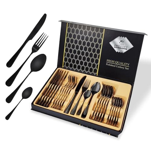 Black Silverware Set, Stainless Steel Flatware Set Service for 6, Kitchen Cutlery Gift Set Utensils Knife Fork Spoon Dinnerware Tableware Kit for for Home, Wedding, Restaurant (Black) — image 1