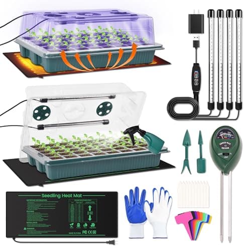 Likaney 2 Pack 80 Cells Seed Starter Tray with Grow Light & Heat Mat, Plant Seed Starter Kit with Humidity Domes, Automatic Timer, and Adjustable Brightness for Indoor Greenhouse Gardening