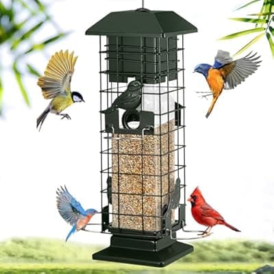 Squirrel Proof Bird Feeder for Outdoors Hanging, Yongblus Metal Wild Bird Feeders, with Weight Activated Perches 4 Ports, 3Lb Capacity Squirrel Proof Bird Feeder for Outside, Cardinal, Finch, Bluebird