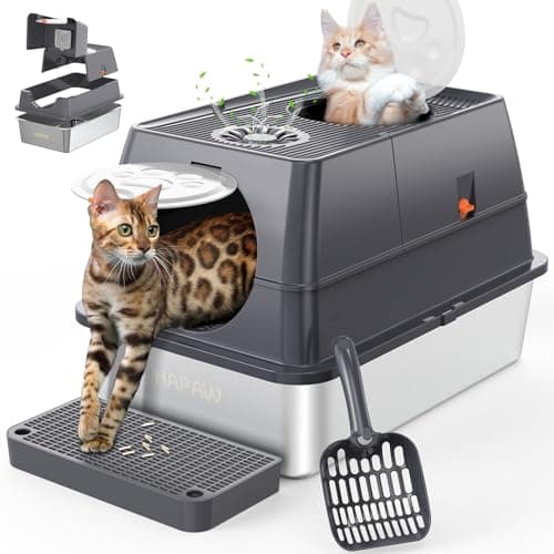 HAPAW 135° Flip-Top Stainless Steel Litter Box with Lid, Extra Large Enclosed Cat Litter Box, Metal Litter Pan with Front & Top Entry, Odor Control, Scoop & Filter Pedal — image 1