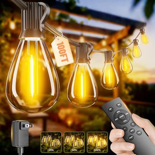 100FT Outdoor String Lights with Remote & Dimmable, 35+1 Shatterproof Waterproof Bulbs, Dimmable Outside Hanging Patio Lights for Backyard, Porch, Deck, Garden 2700K Warm White — image 1