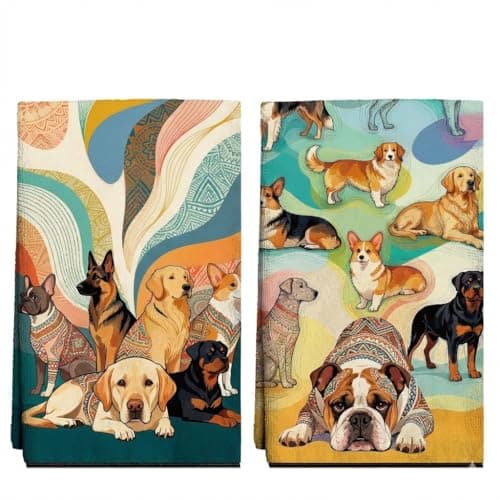 Boho Dog Tea Towels for Kitchen House Warming,18"x26" Geometric Hand Towel with Dog Print for Cupboard,Microfiber Quick Dry Dish Towels Set of 2,Hostess Decorate Gifts for Dogs Lover,Dogs Mom — image 1