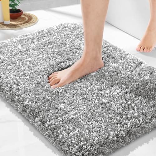 Yimobra Bathroom Rugs Non Slip Washable, Ultra Soft and Water Absorbent Bath Mats, Fluffy Shower Mat Outside, Plush Matts for Bathroom Floor/Sink, 24x17, Home Decor Accessories, Light Gray and White — image 1