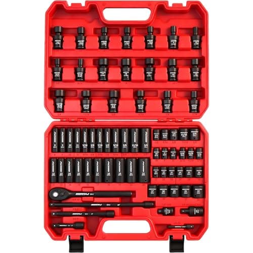 71-Piece 3/8" Drive Master Impact Socket Set, SAE and Metric, 5/16"- 3/4", 8mm - 22mm, Cr-V, Cr-MO, Universal Joint Deep Standard Sockets with Ratchet Handle, Swivel Sockets, Extension Bars, Adapters