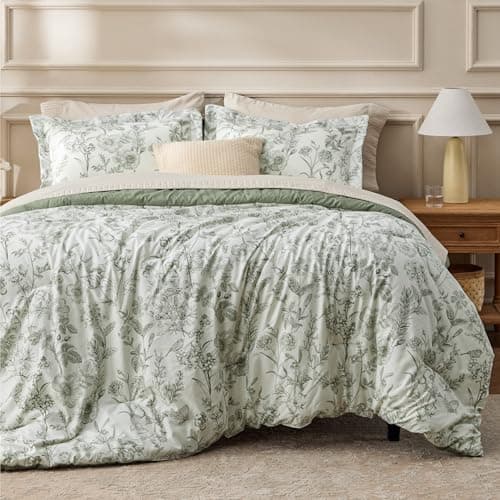 Bedsure Comforter Set Queen Size - Cute Floral Bedding Comforter Set, 3 Pieces, 1 Soft Reversible Desert Sage Sketch Flowers Comforter and 2 Pillow Shams — image 1